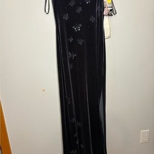 Elegant Charcoal Velvet Gown with Butterfly Embellishments